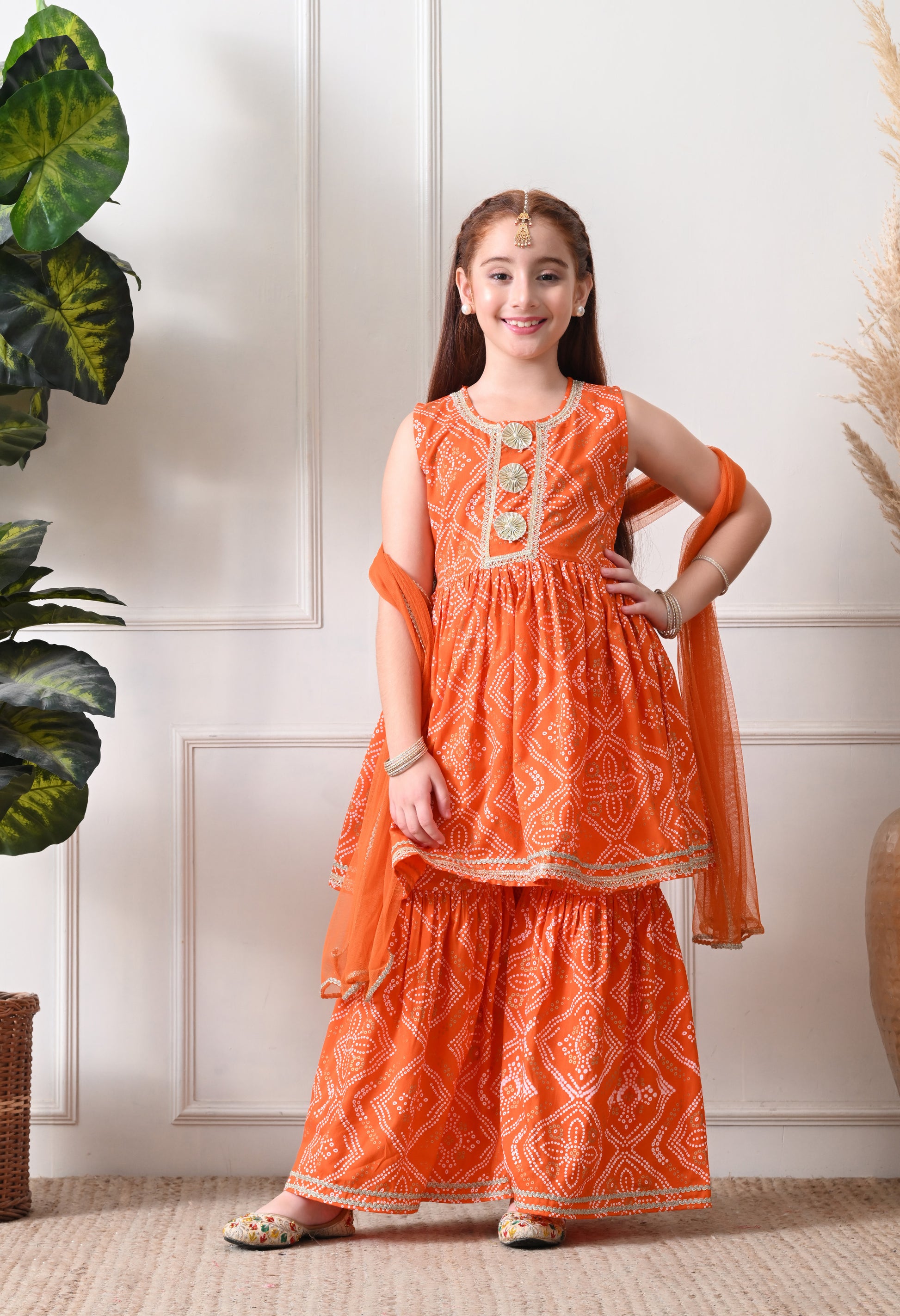 Girls Orange Bandhej foil print Kurta with Sharara Set with Dupatta