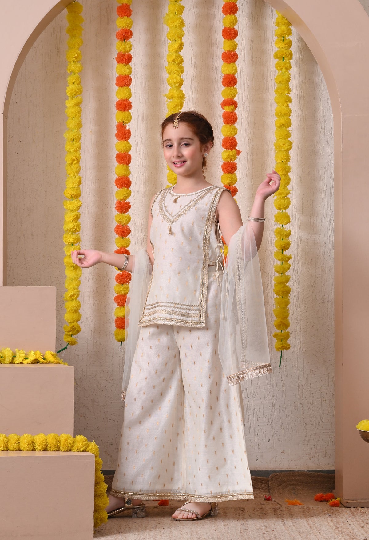 Girls Off White Ethnic Kurta Palazzo Set with Dupatta