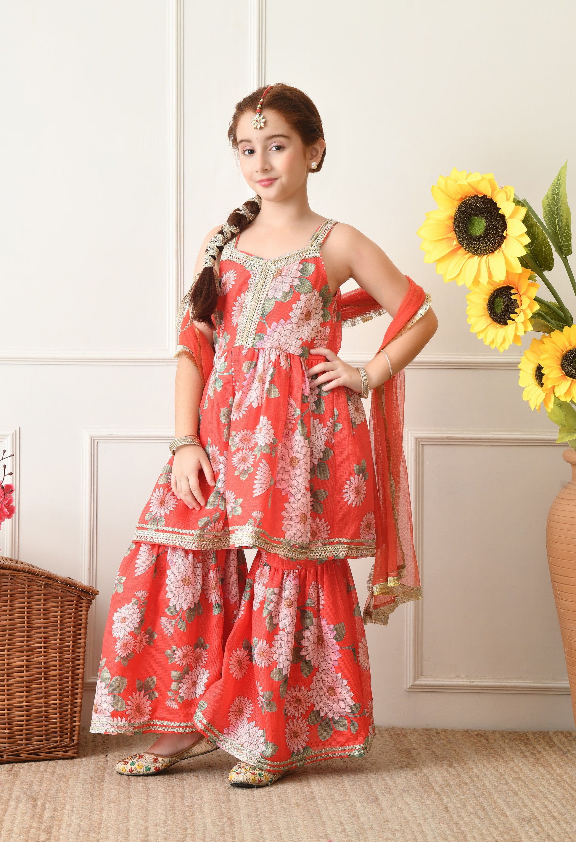 Girl's Red and Pink Floral Printed Sharara Set with Dupatta