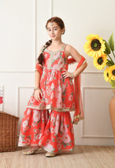 Girl's Red and Pink Floral Printed Sharara Set with Dupatta