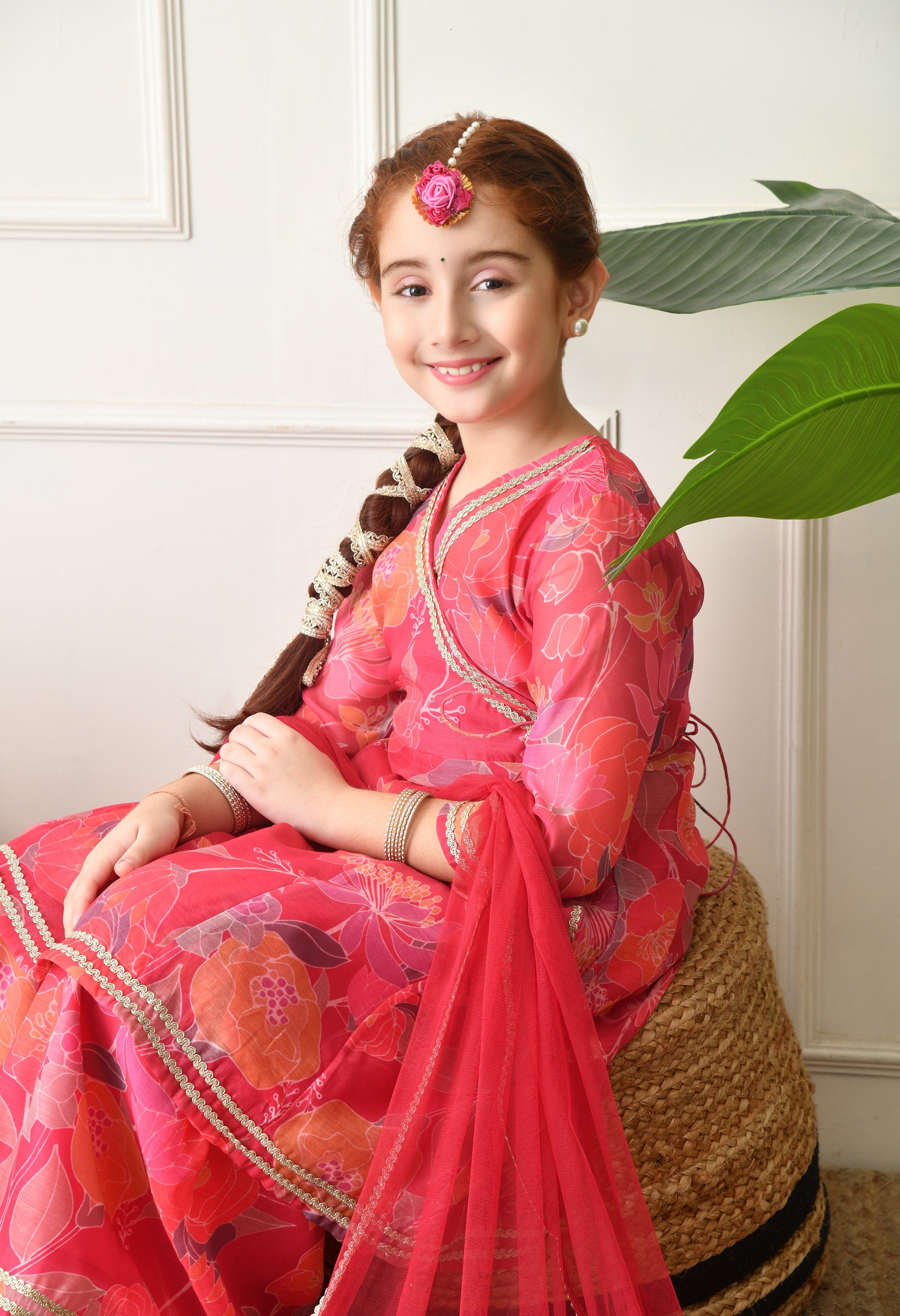 Girls Pink Floral Printed Angrakha Sharara Set with Dupatta