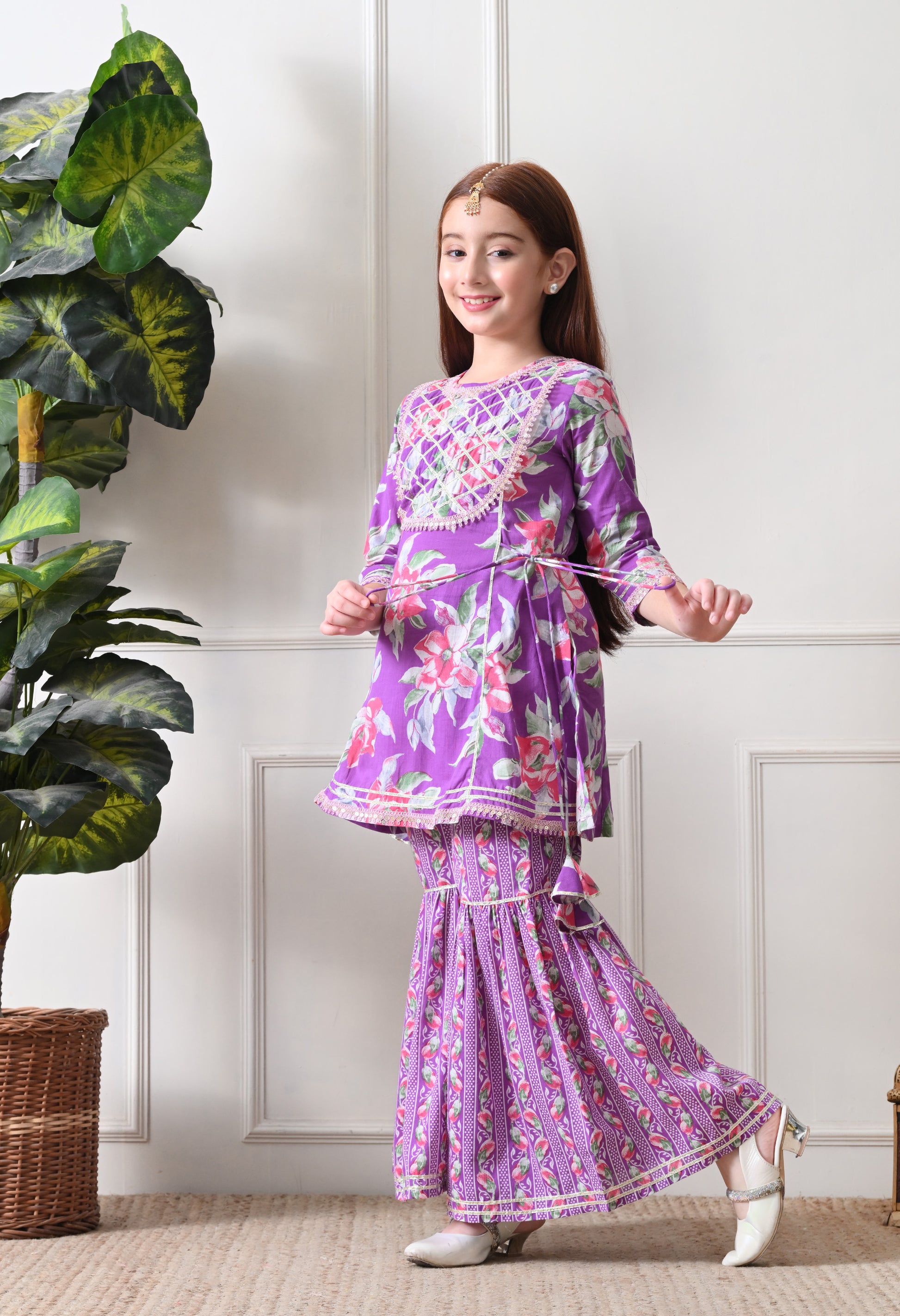 Girl's Floral Printed Kurta Sharara Set Purple Bloom