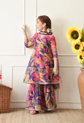 Girls Purple Floral Angrakha Sharara Set with Dupatta Festive Wear for Girls