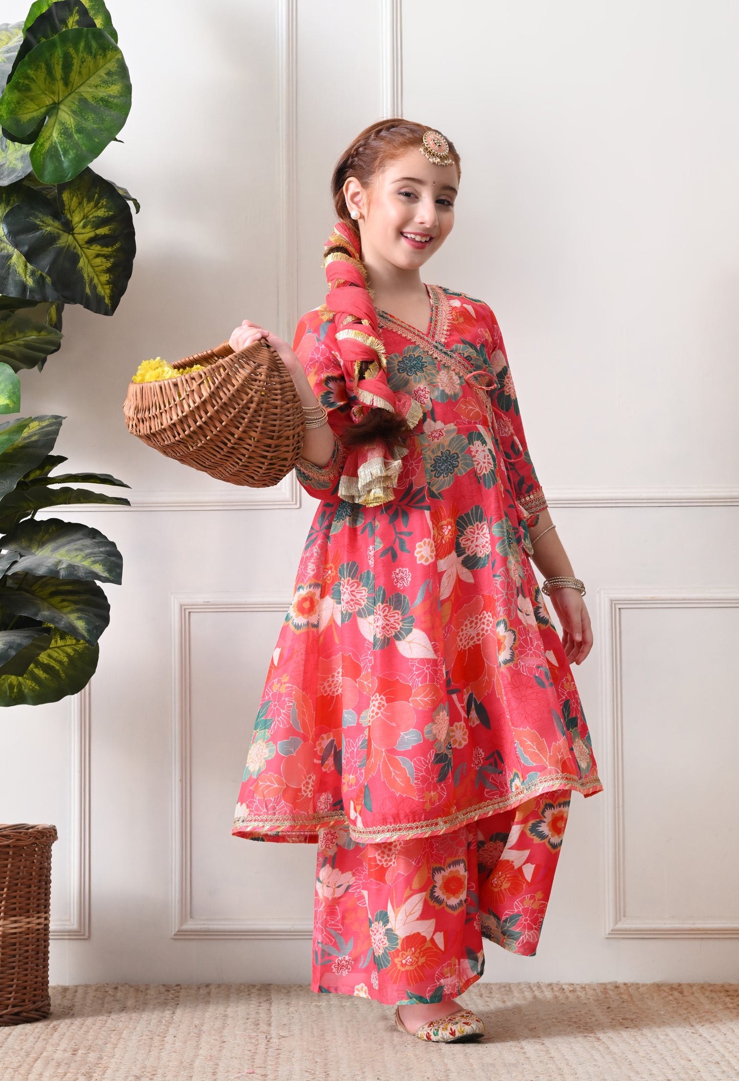 Girl's Peach Multicolor Printed  Kurta Sharara Set with Dupatta
