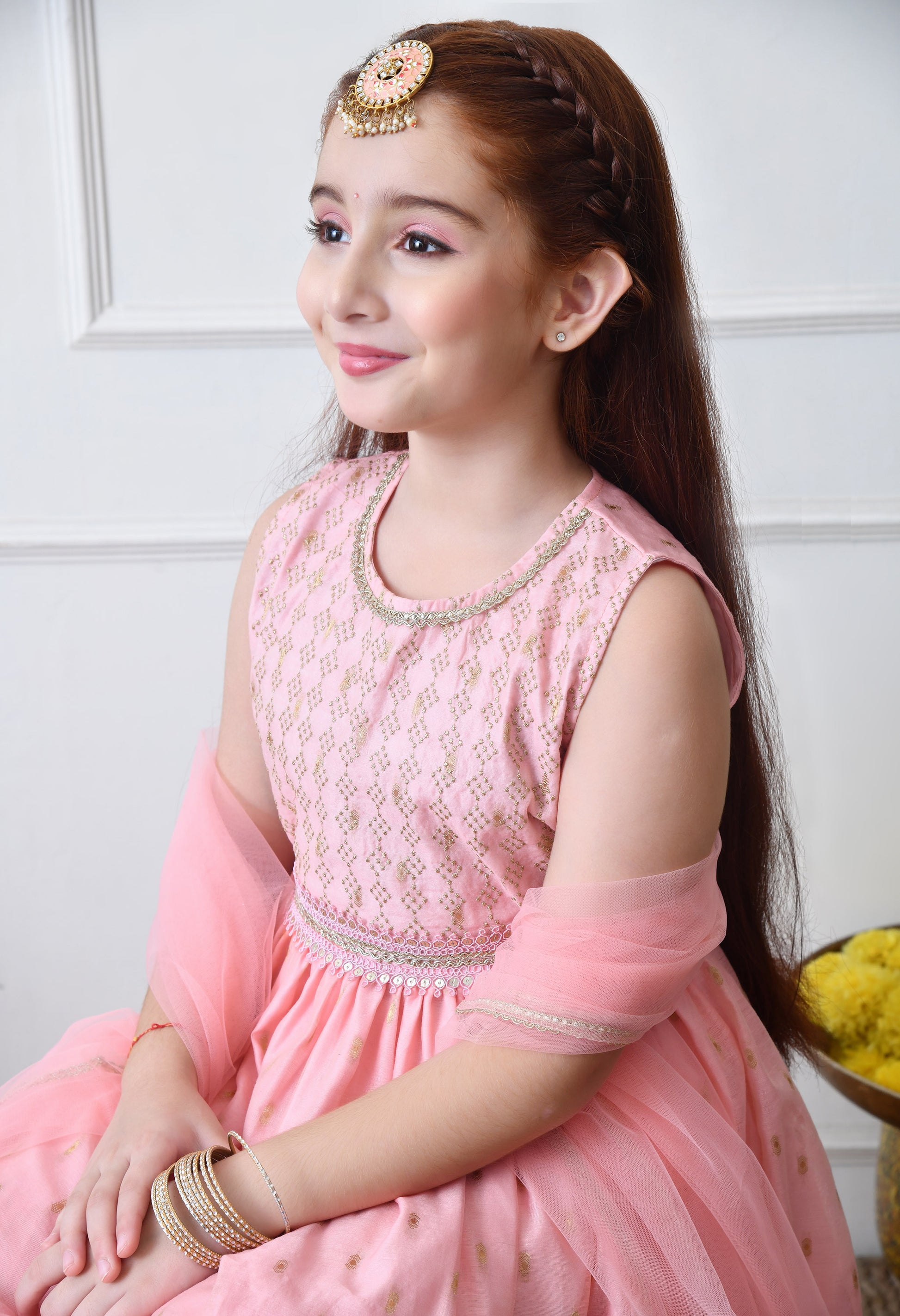 Girls Elegant Peach Pink Gota Work Kurta Sharara Set with Dupatta