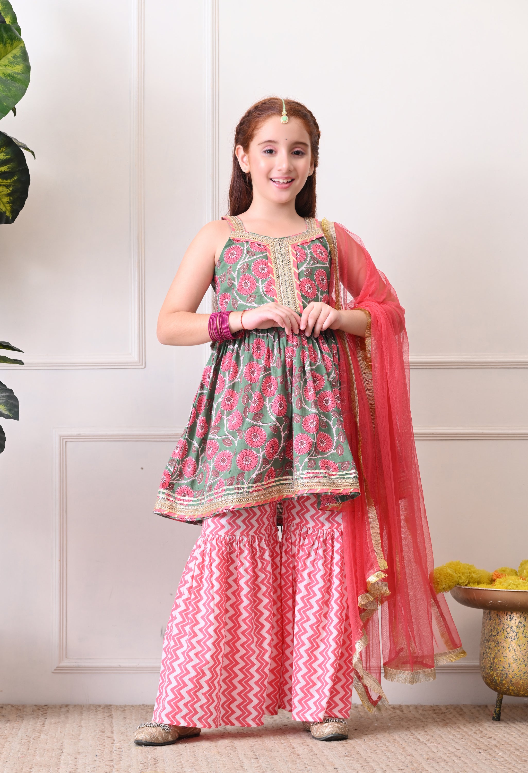 Girl's Green and Pink Floral Printed Sharara Set with Dupatta
