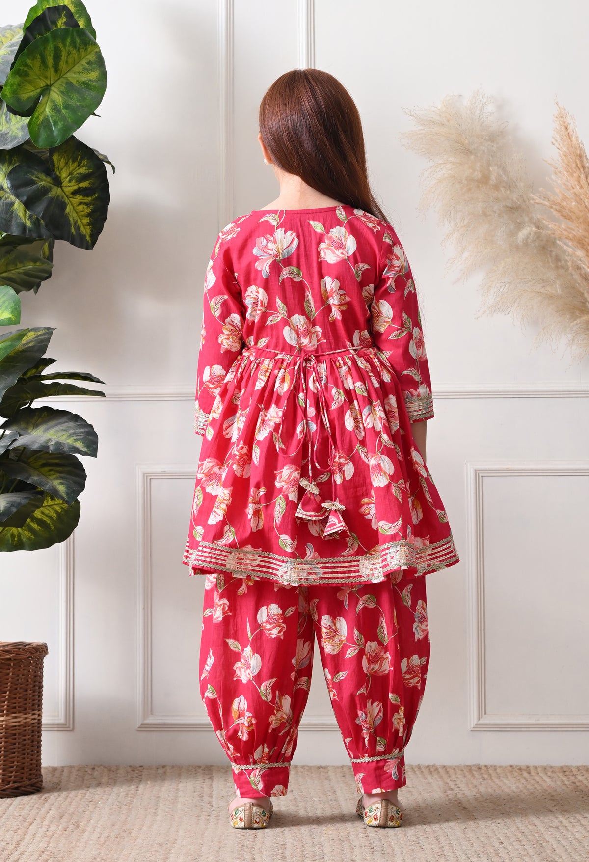 Girl's Red Floral Printed Kurta with Dhoti Pant & Dupatta Festive Ethnic Set