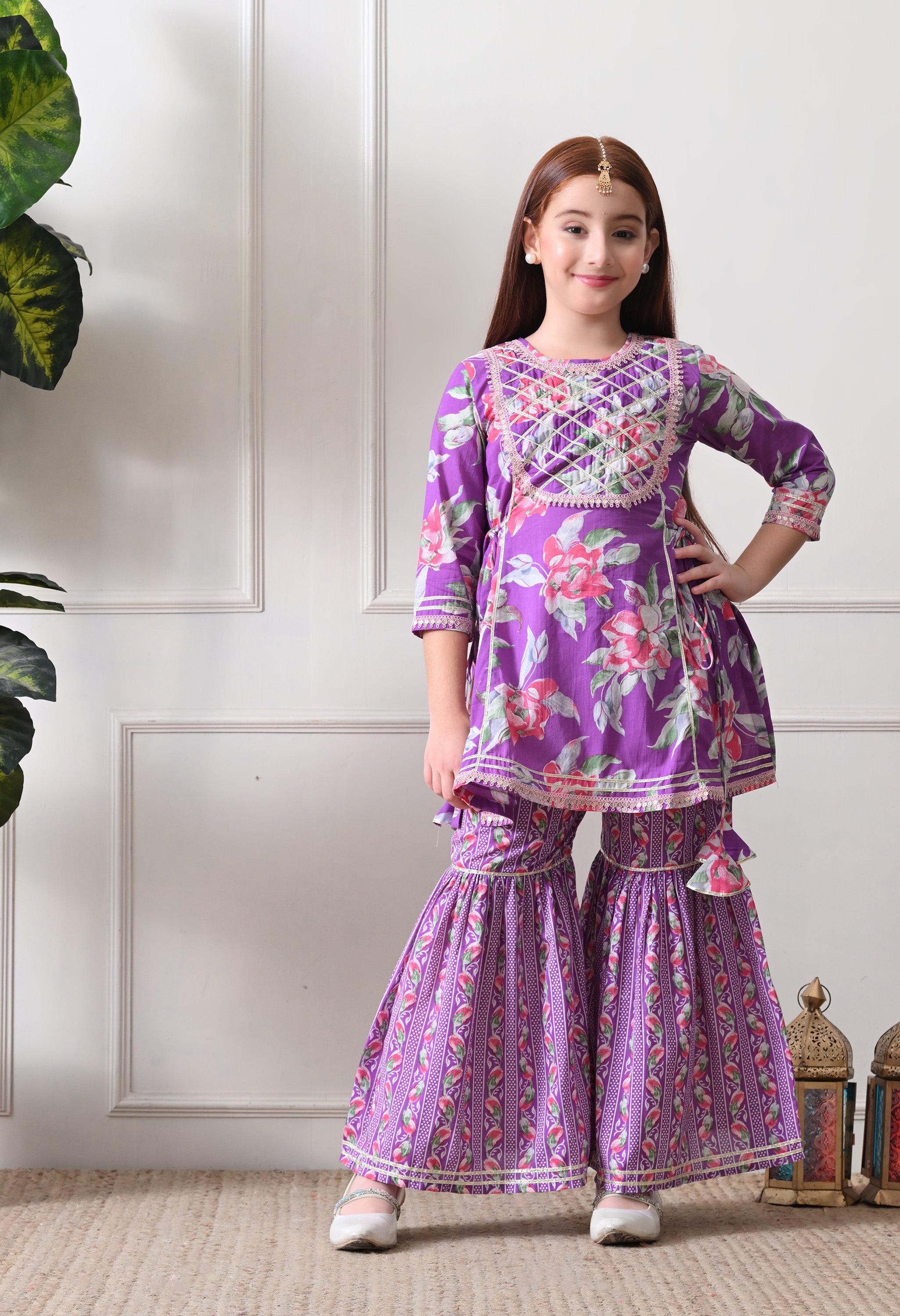 Girl's Floral Printed Kurta Sharara Set Purple Bloom