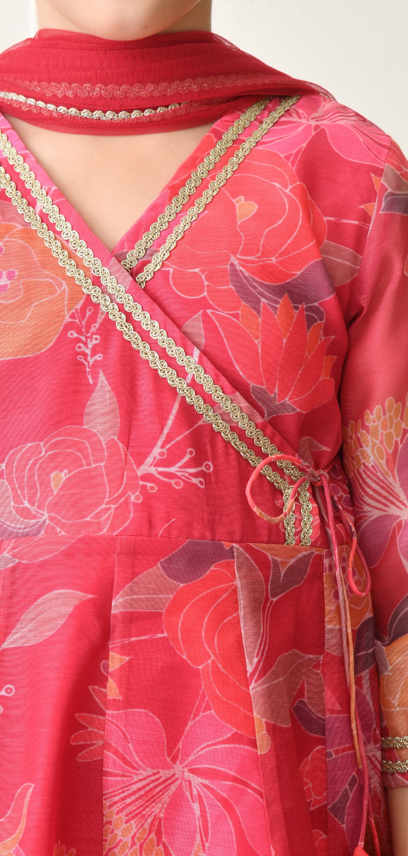 Girls Pink Floral Printed Angrakha Sharara Set with Dupatta
