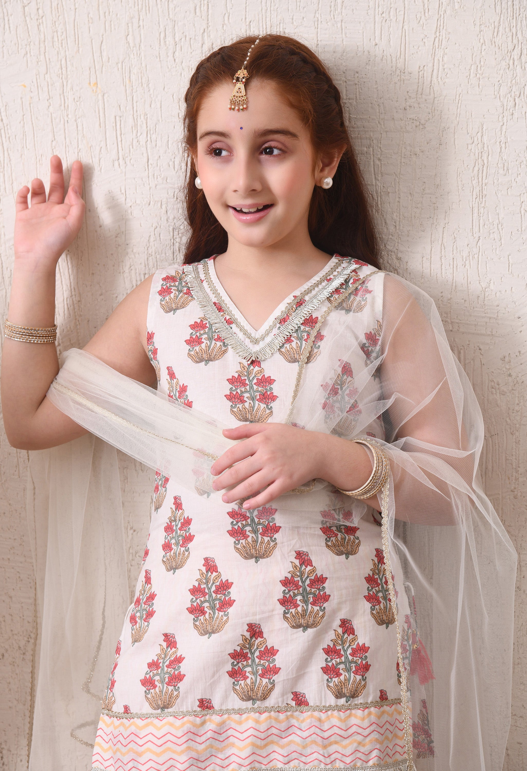 Girls Off White Printed Kurta Sharara Set with Dupatta