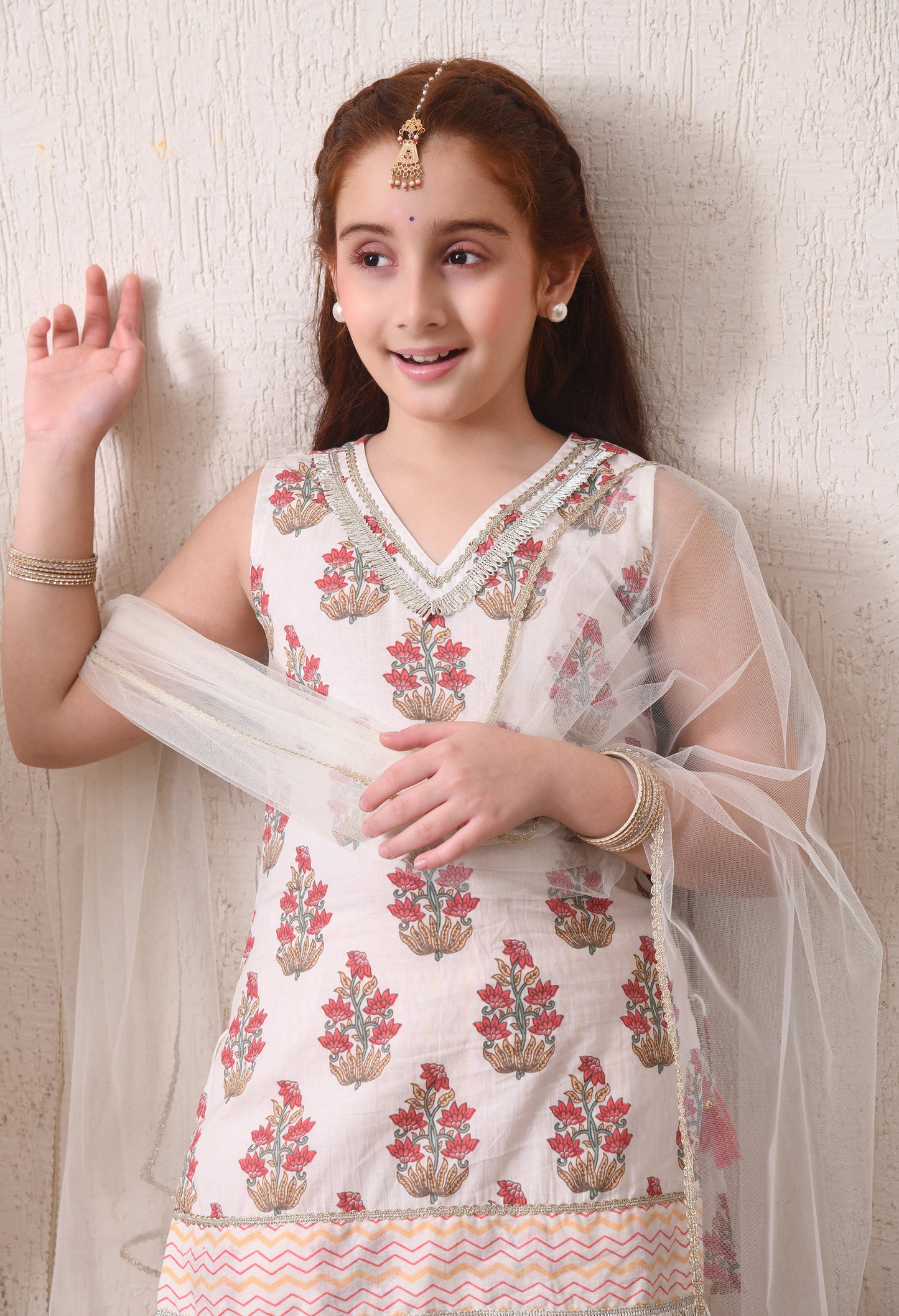 Girls Off White Printed Kurta Sharara Set with Dupatta