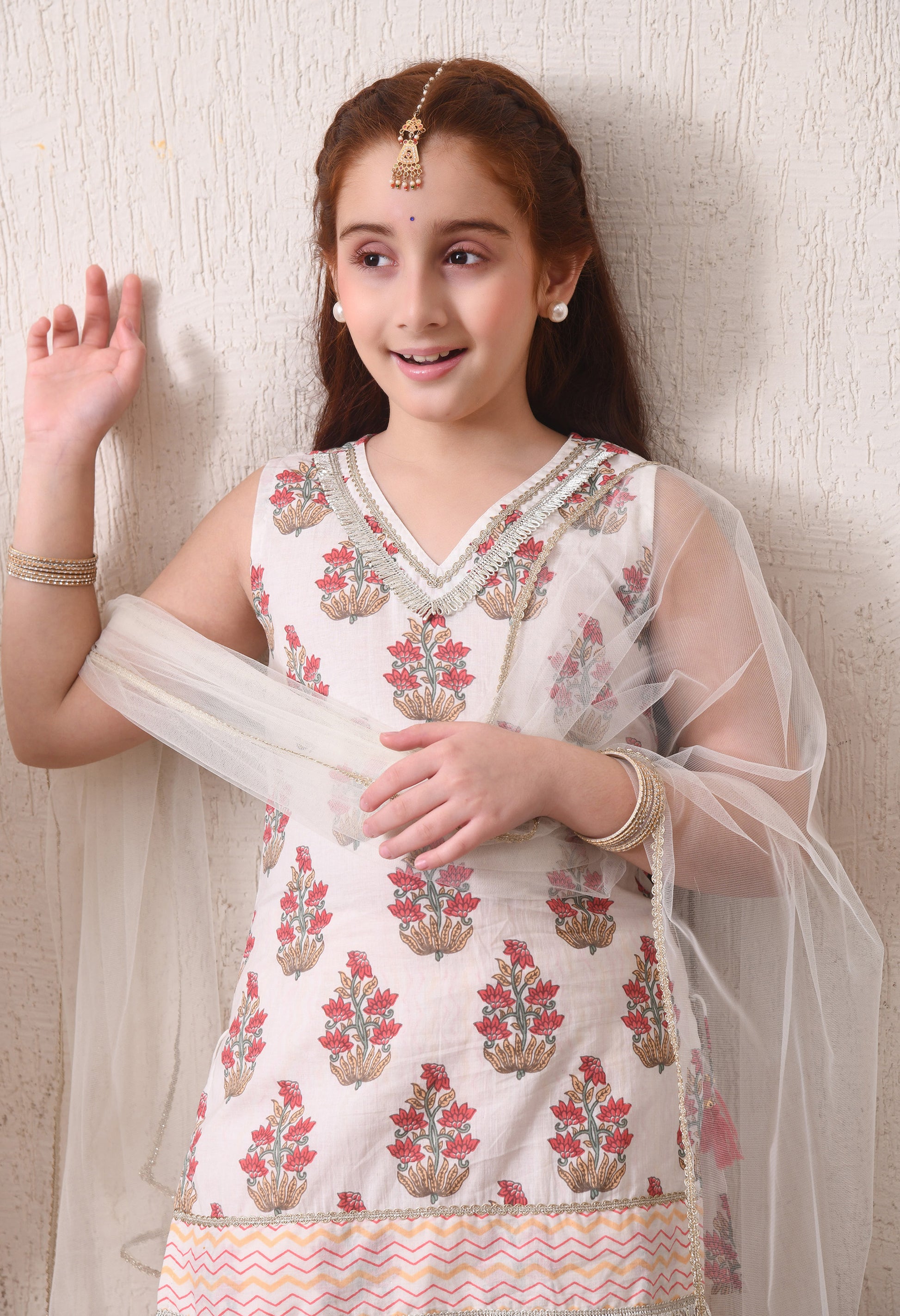 Girls Off White Printed Kurta Sharara Set with Dupatta