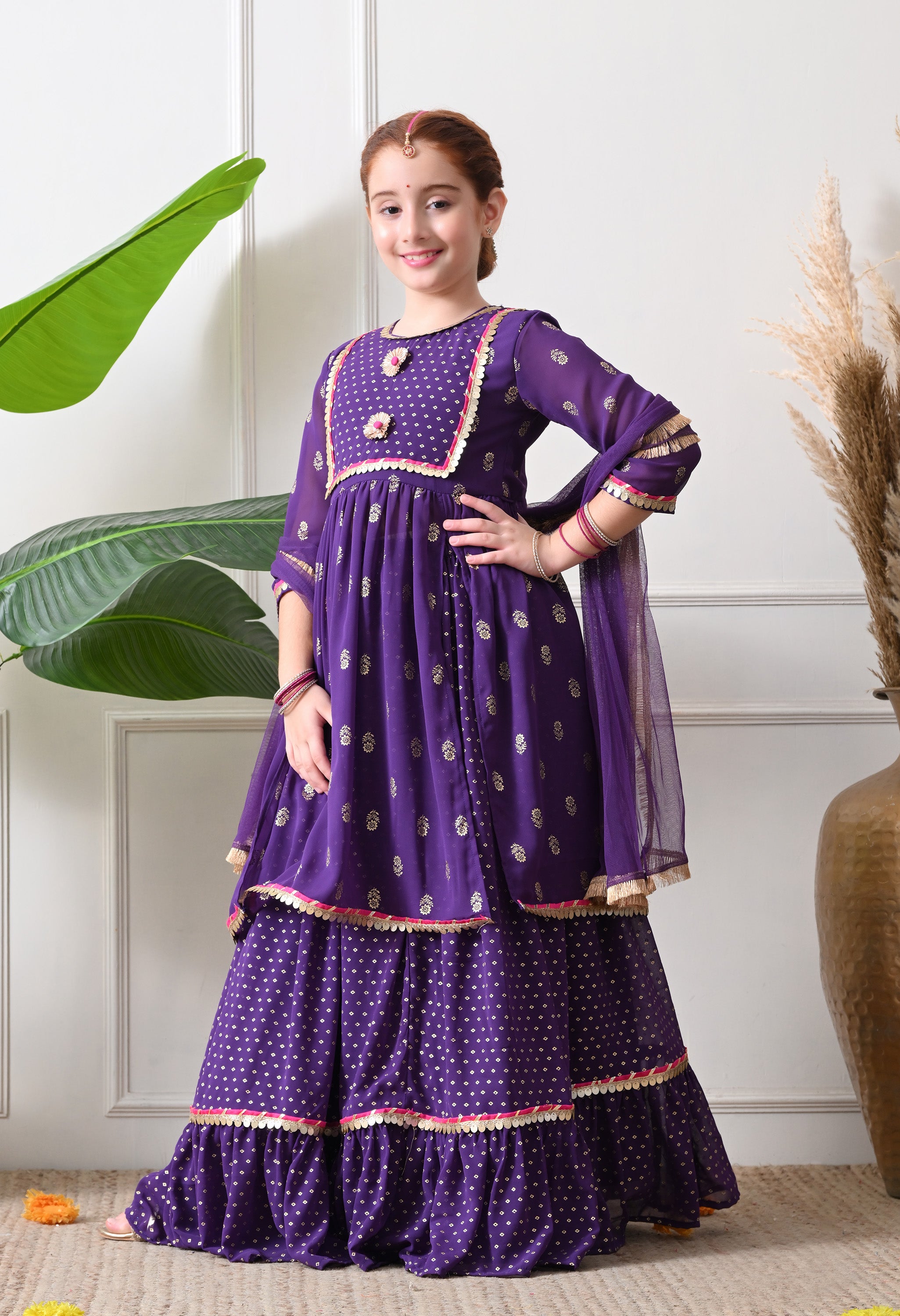 Girls Purple Motif Bandhej foil print Kurta with Frill Skirt Set with Dupatta