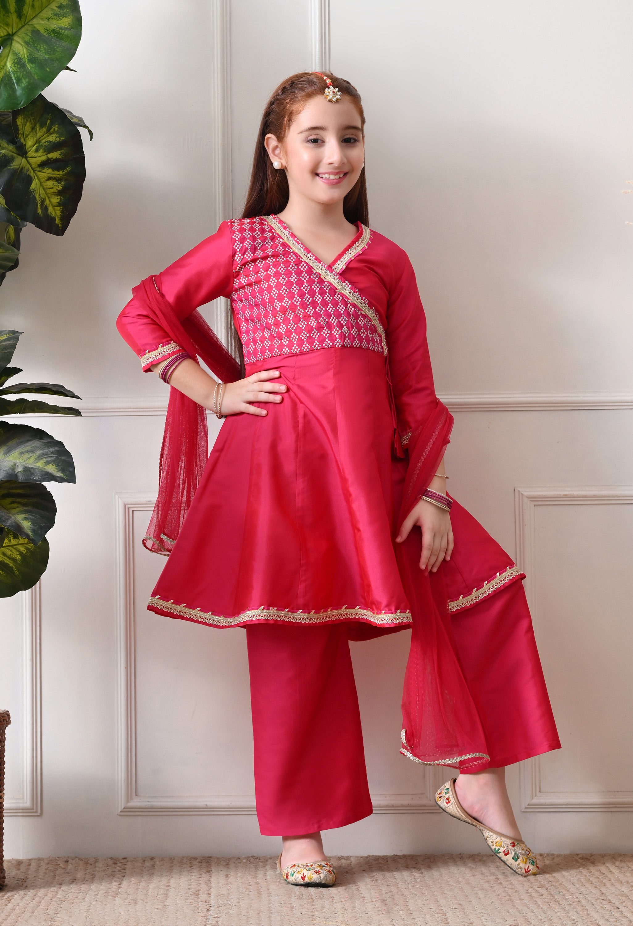 Girl's Pink Angrakha Kurta and Pant Set with Dupatta