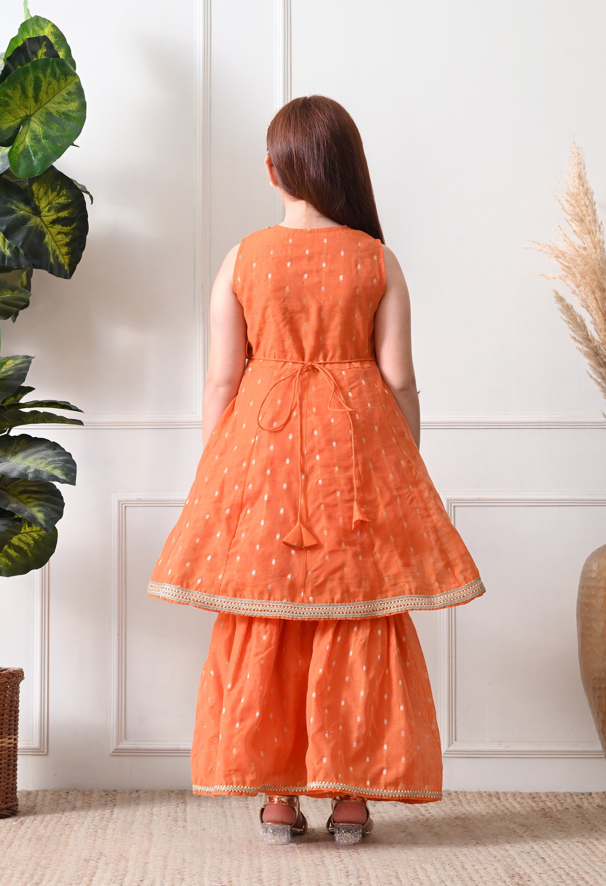 Girl's Orange Sleeveless Kurta Sharara Set with Dupatta
