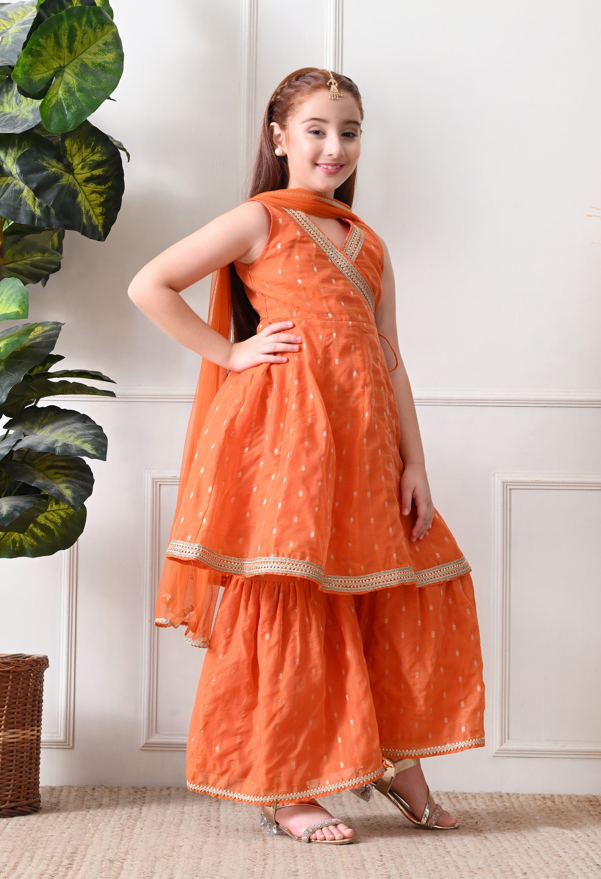 Girl's Orange Sleeveless Kurta Sharara Set with Dupatta