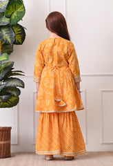 Girl's Yellow Bandhani Print Sleeveless Kurta Sharara Set with Dupatta