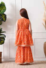 Girls Orange Bandhej foil print Kurta with Sharara Set with Dupatta