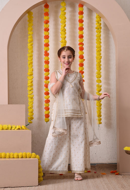 Girls Off White Ethnic Kurta Palazzo Set with Dupatta