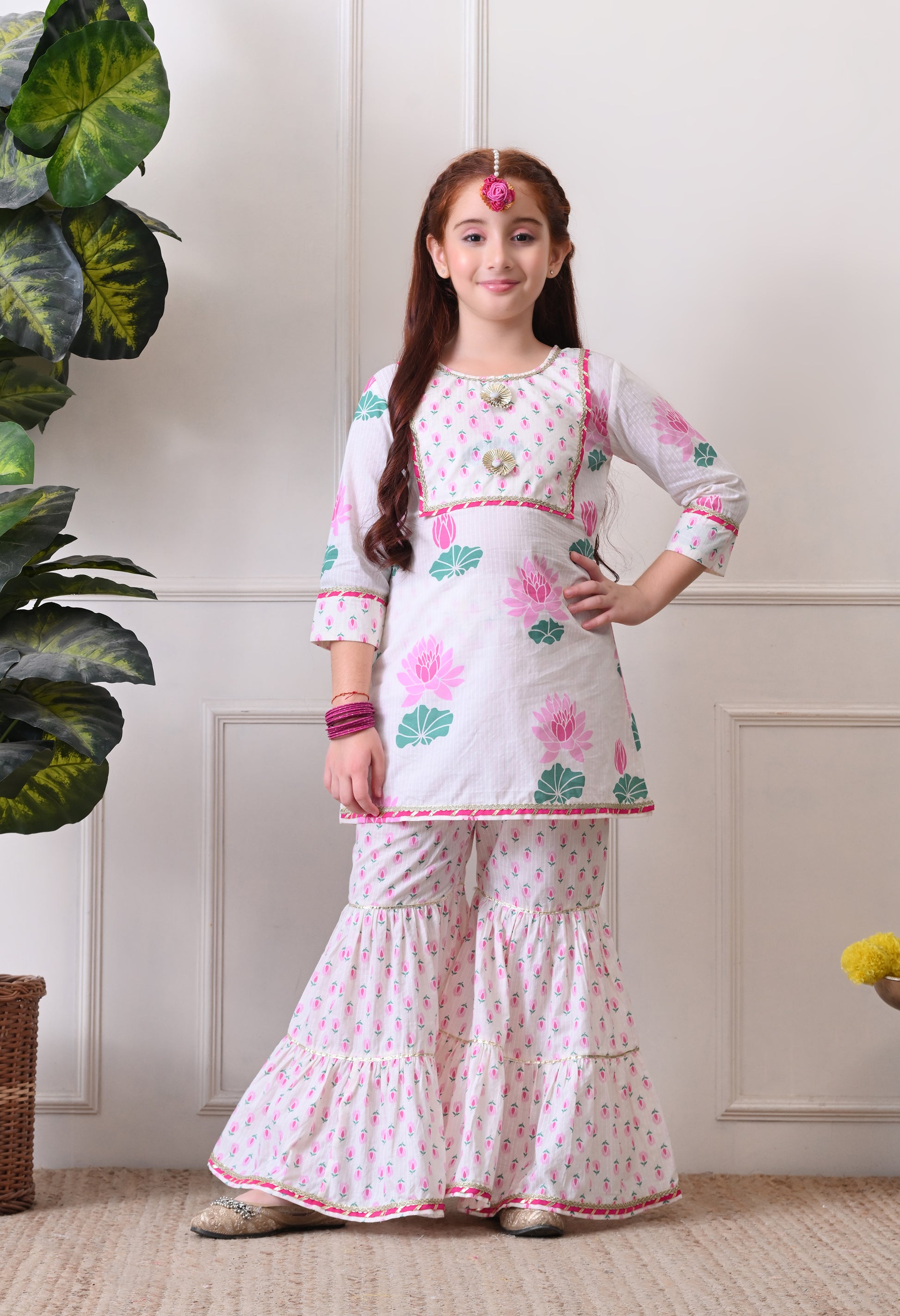 Girl's Floral Printed Kurta Sharara Set Pink Lotus Print.