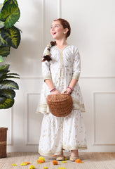 Girls Off White Bandhej foil print Kurta with Sharara Set