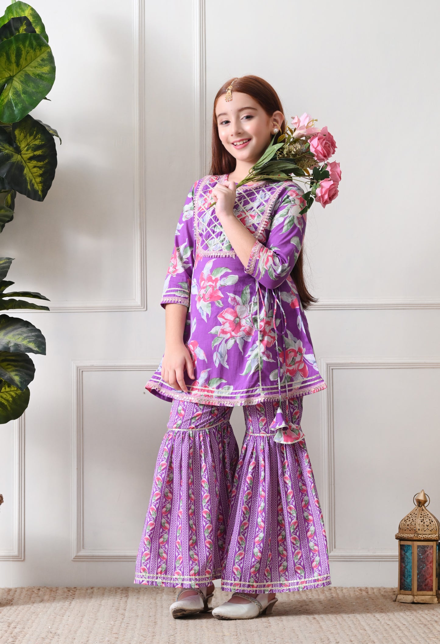 Girl's Floral Printed Kurta Sharara Set Purple Bloom