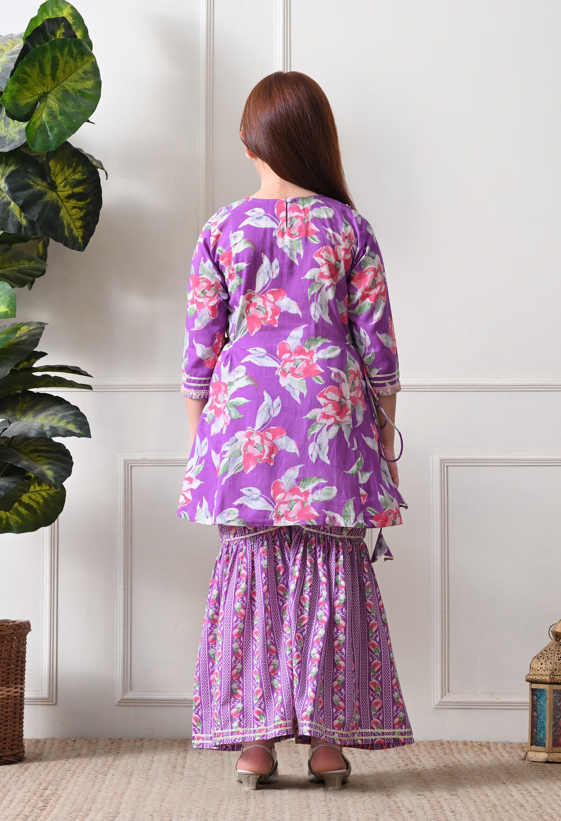 Girl's Floral Printed Kurta Sharara Set Purple Bloom
