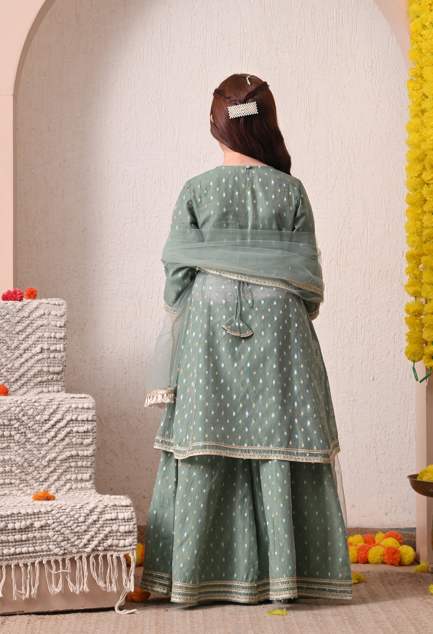Girls Green Kurta Sharara Set with Dupatta