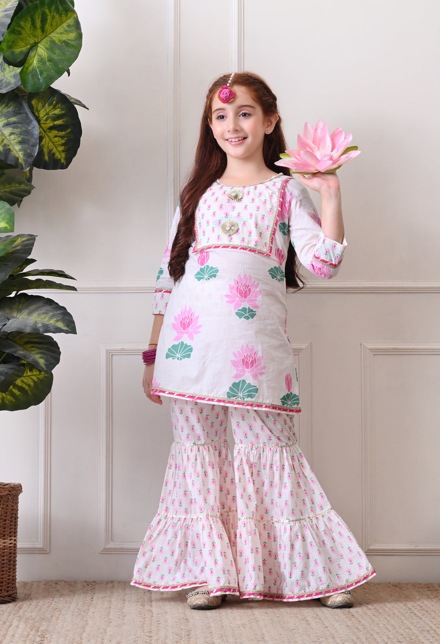 Girl's Floral Printed Kurta Sharara Set Pink Lotus Print.