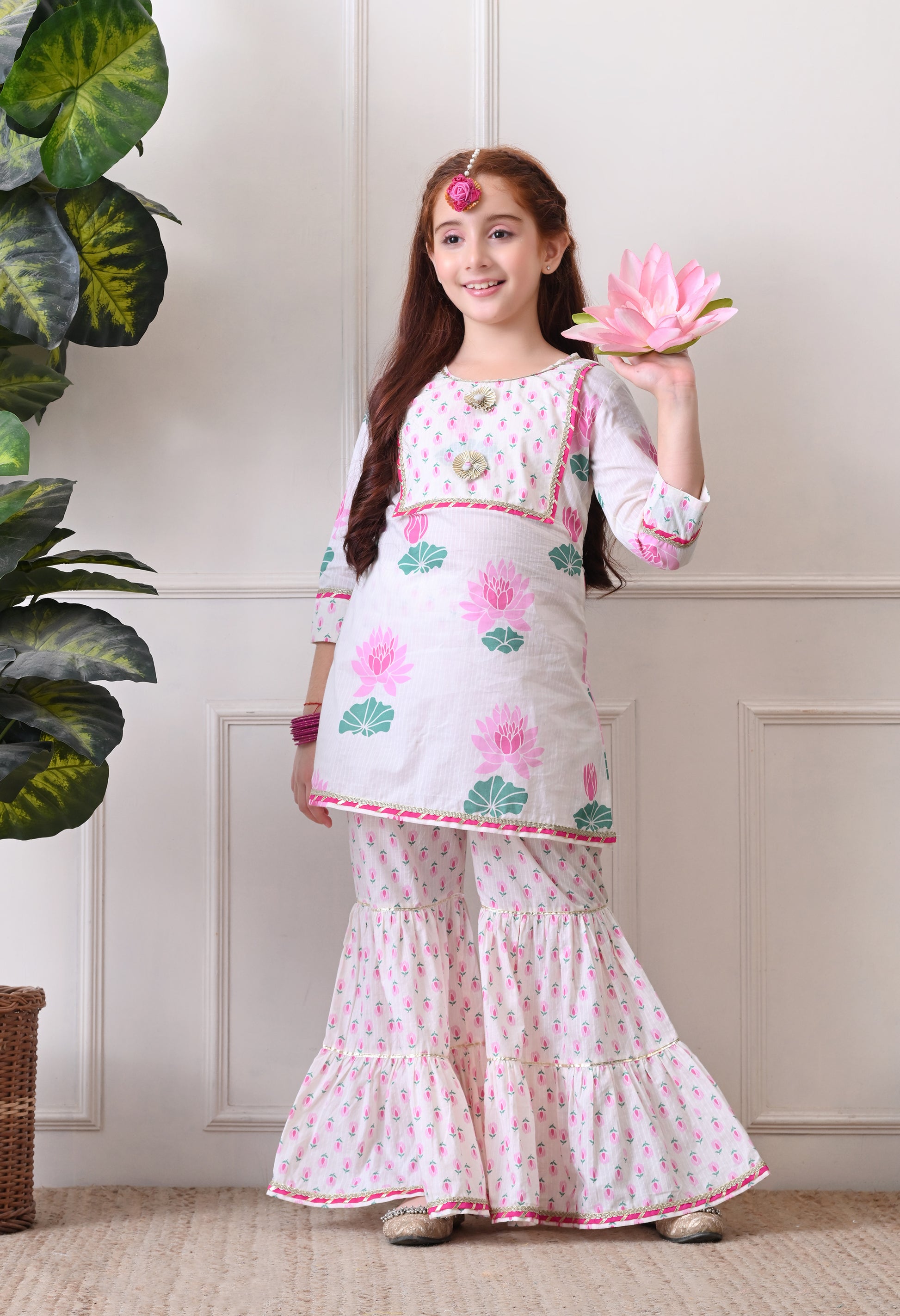 Girl's Floral Printed Kurta Sharara Set Pink Lotus Print.