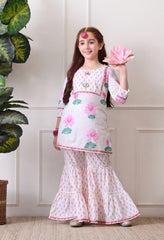 Girl's Floral Printed Kurta Sharara Set Pink Lotus Print.