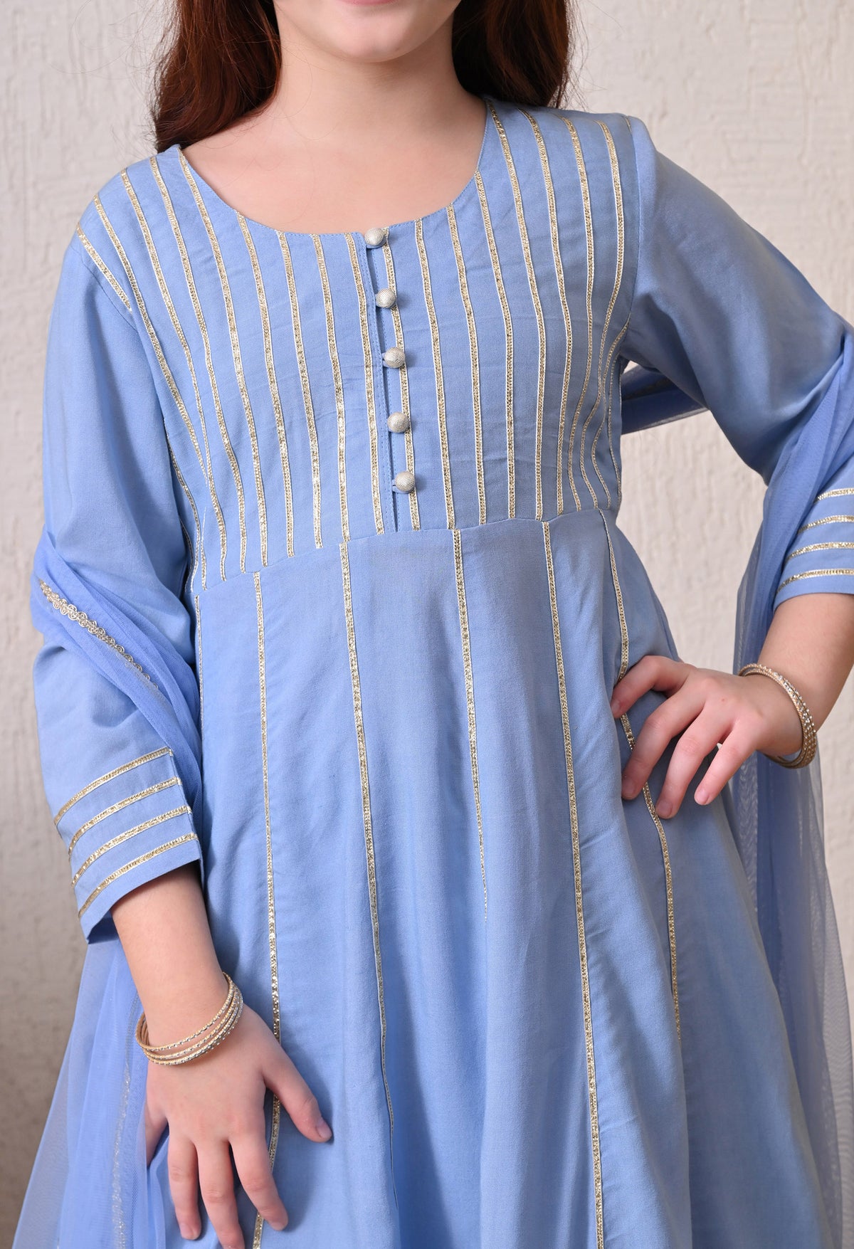 Girls Sky Blue Kurta Set with Dupatta