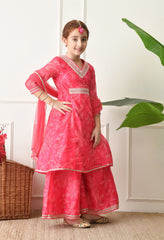 Girls Pink Bandhani Printed Layered Sharara Set with Dupatta