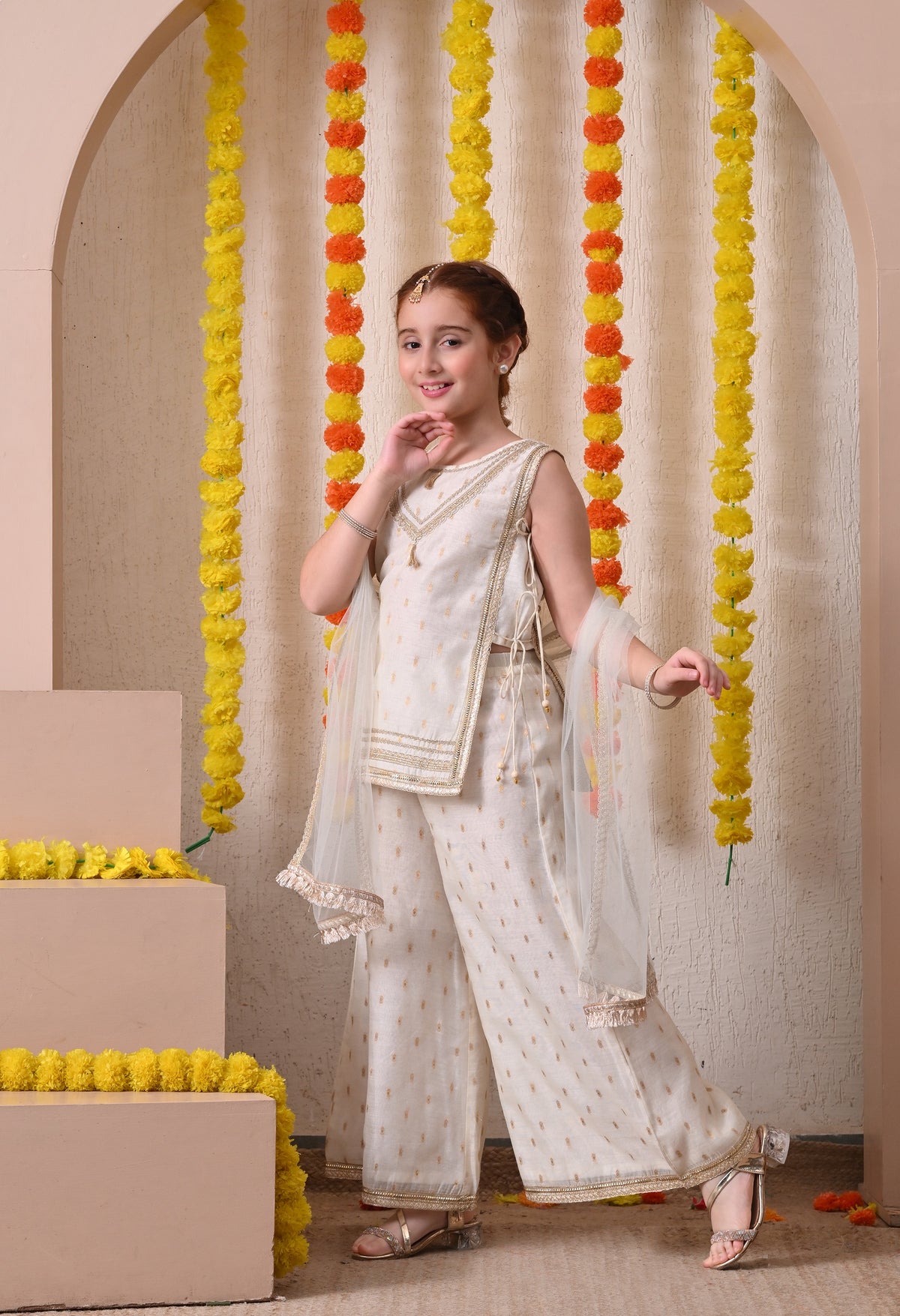 Girls Off White Ethnic Kurta Palazzo Set with Dupatta