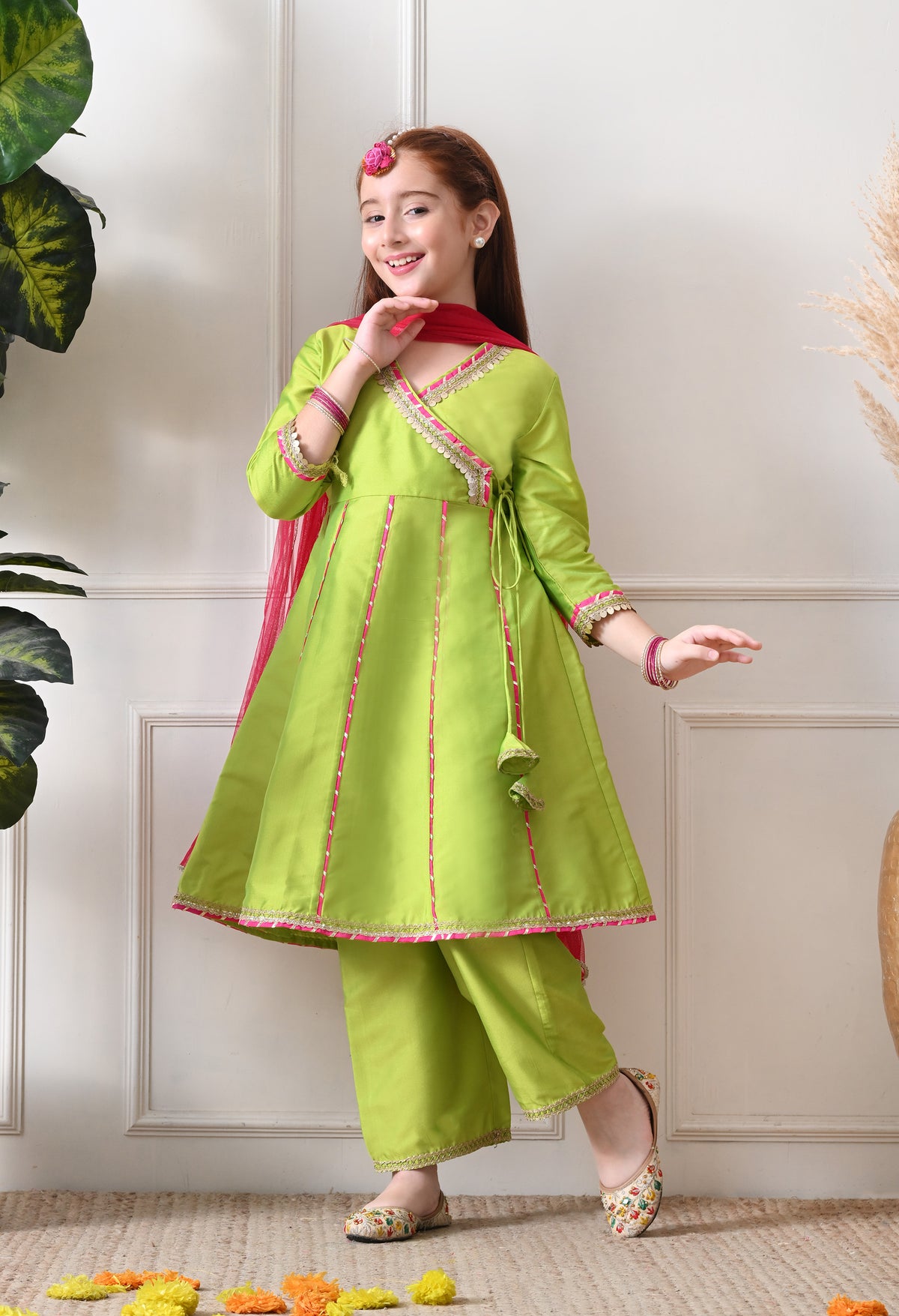 Girl's Lime Green Wrap Style Kurta Set with Contrasting Pink Dupatta