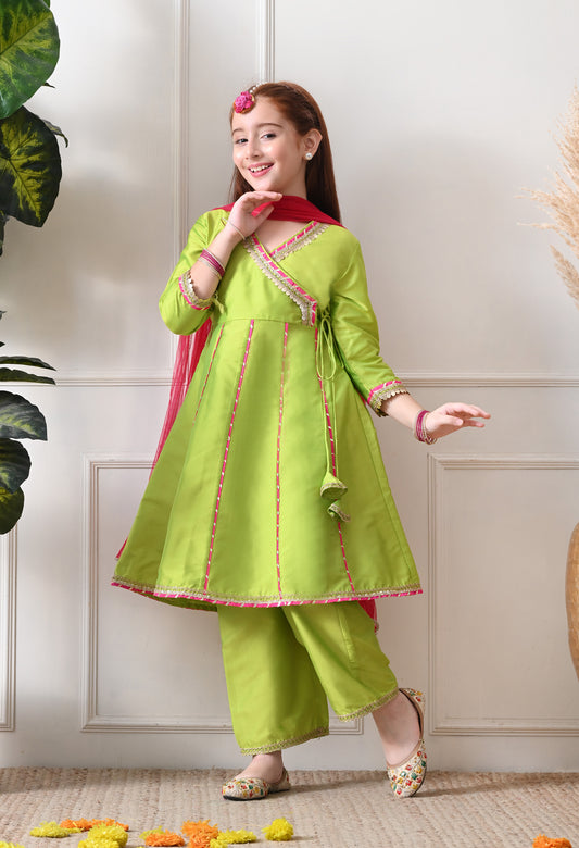 Girl's Lime Green Wrap Style Kurta Set with Contrasting Pink Dupatta