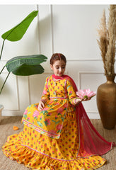 Girl's Yellow Floral Printed Kurta Skirt  Set with Dupatta Festive Ethnic Wear