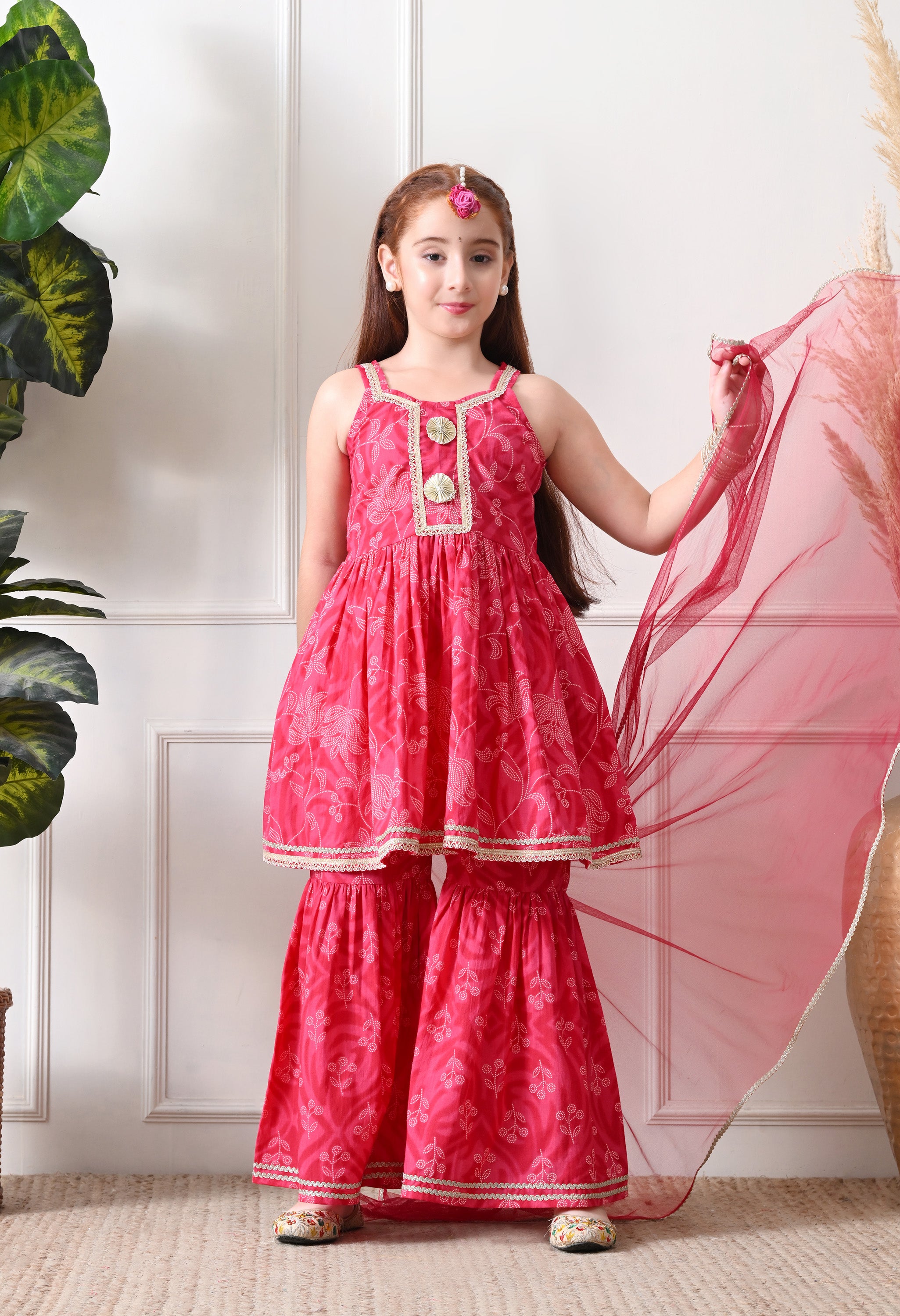 Girl's Pink Floral Printed Sharara Set with Dupatta