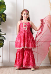 Girl's Pink Floral Printed Sharara Set with Dupatta