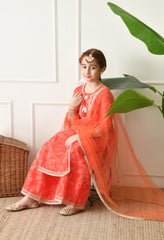 Girls Peach Floral Bandhej Printed Panelled Kurta Sharara Set with Dupatta