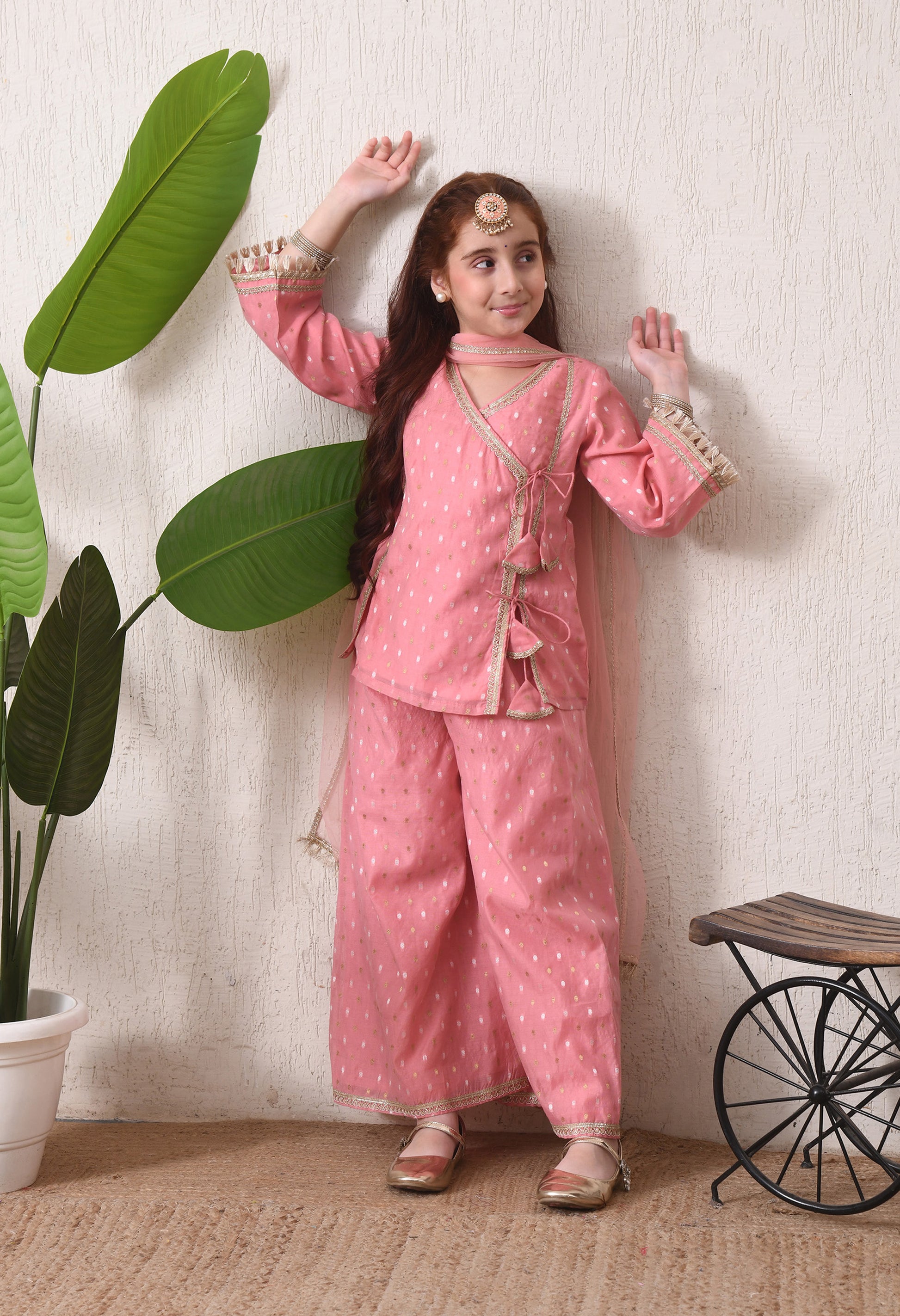 Girls Pink Festive Kurta & Palazzo Set with Dupatta