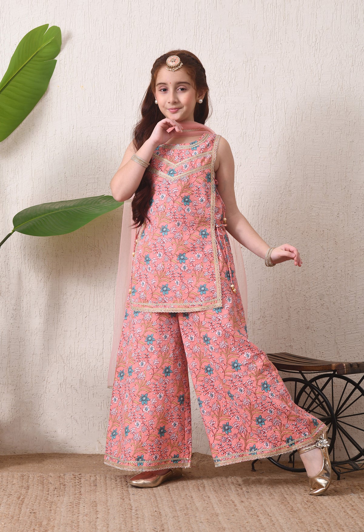 Girls Peach Floral Printed Kurta Sharara Set with Dupatta