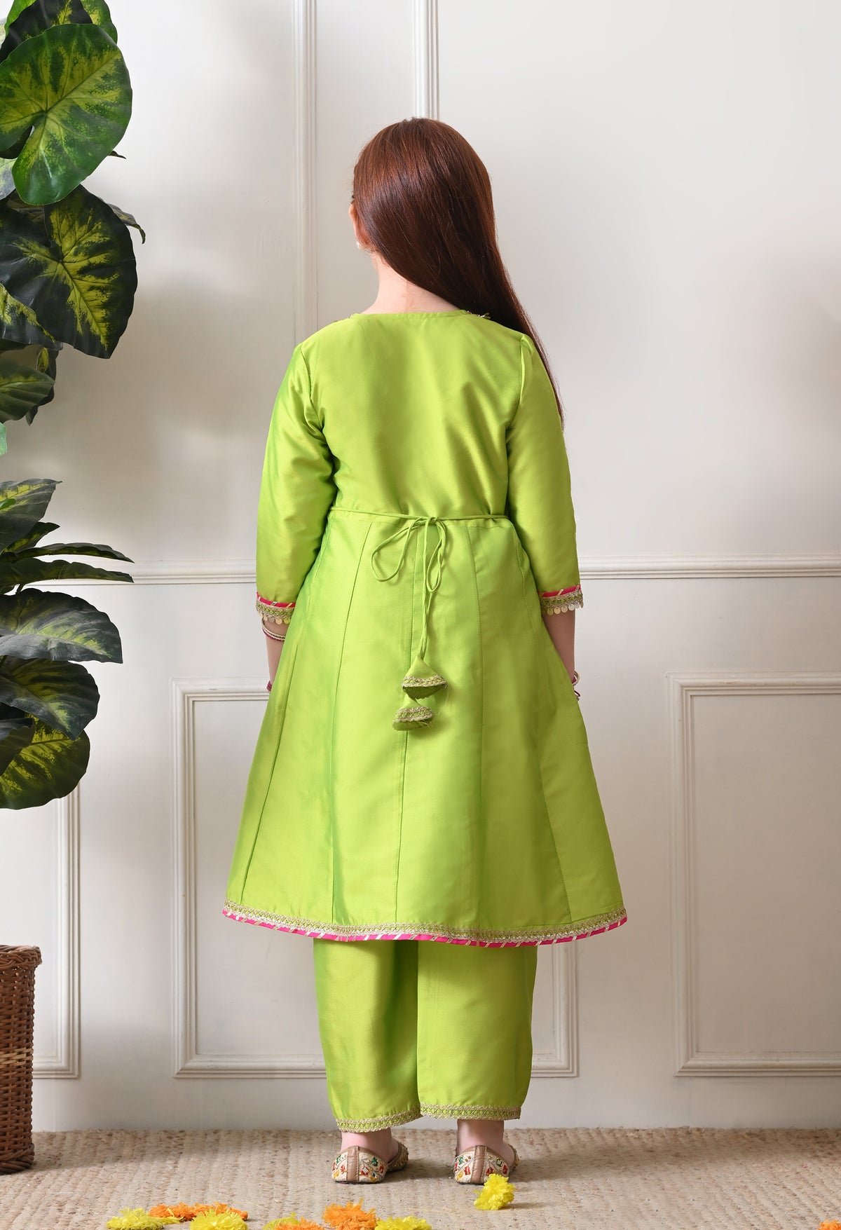 Girl's Lime Green Wrap Style Kurta Set with Contrasting Pink Dupatta