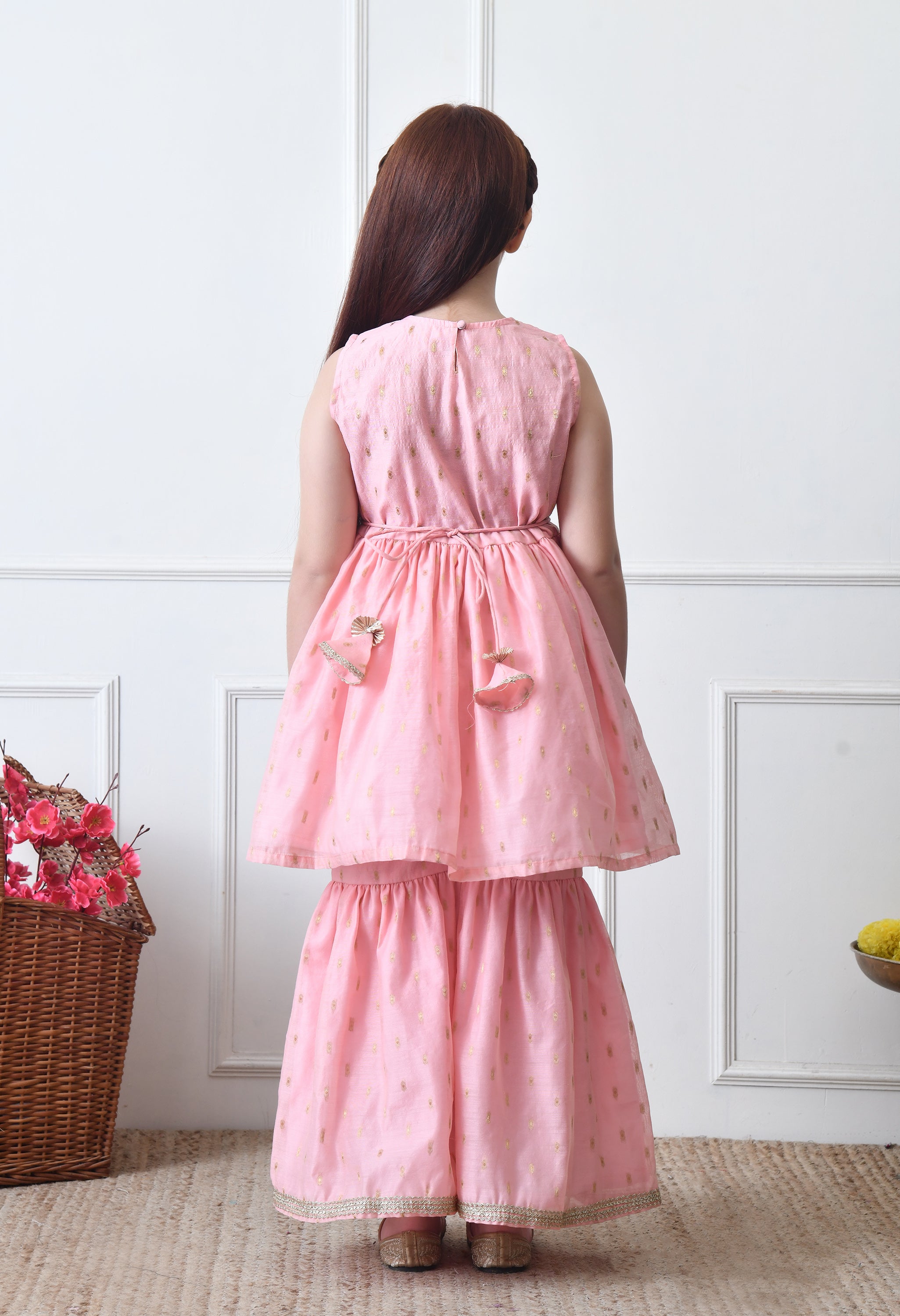 Girls Elegant Peach Pink Gota Work Kurta Sharara Set with Dupatta