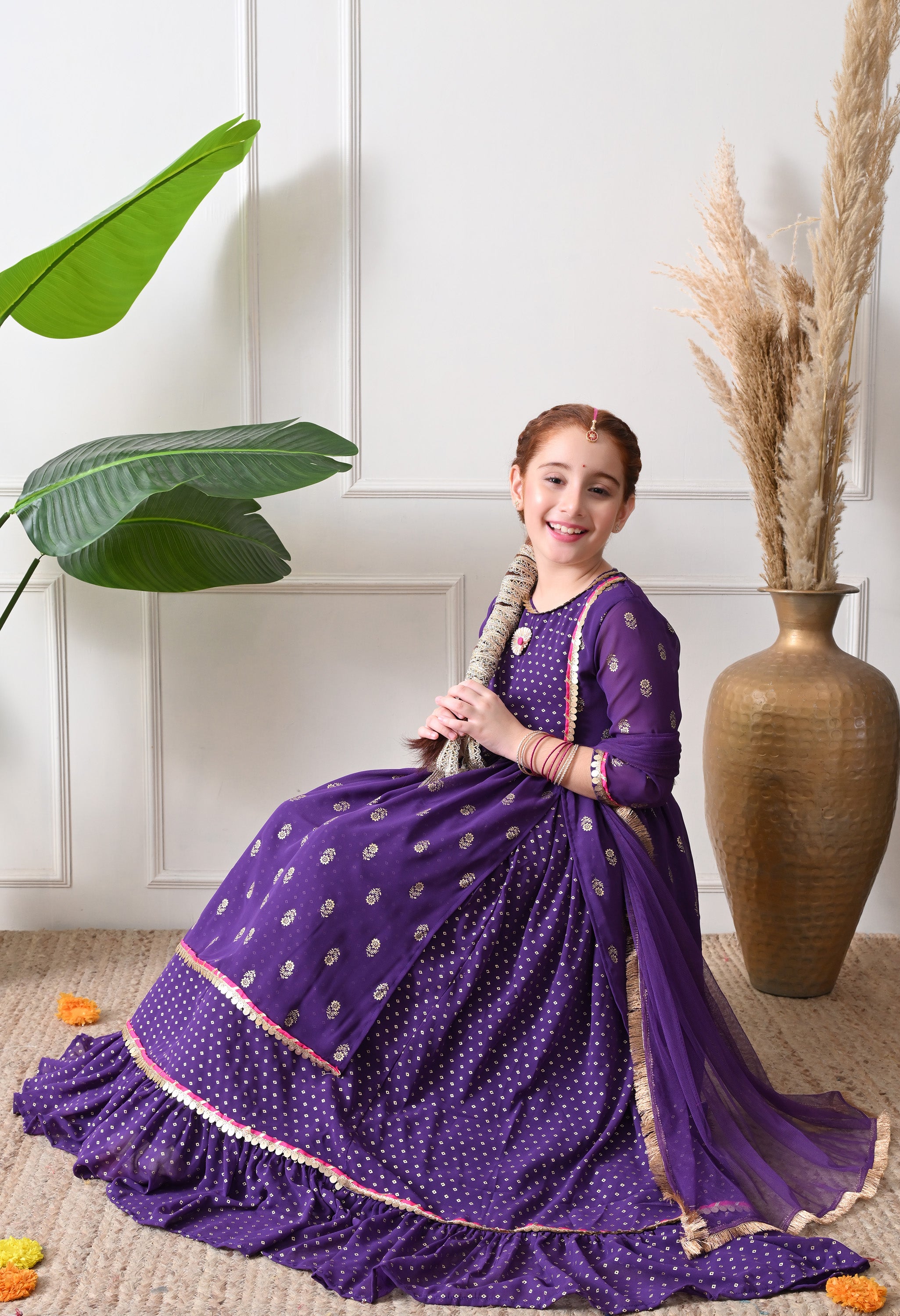 Girls Purple Motif Bandhej foil print Kurta with Frill Skirt Set with Dupatta