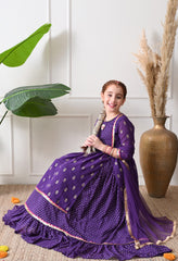 Girls Purple Motif Bandhej foil print Kurta with Frill Skirt Set with Dupatta