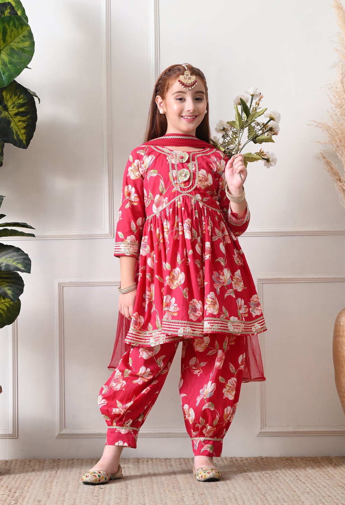 Girl's Red Floral Printed Kurta with Dhoti Pant & Dupatta Festive Ethnic Set