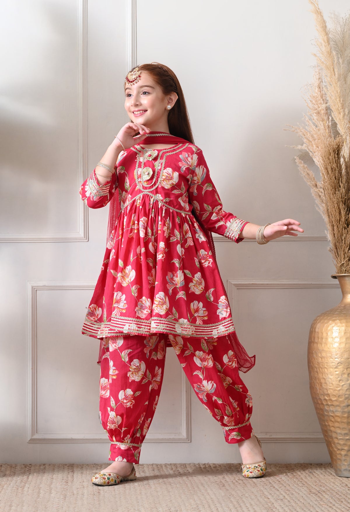 Girl's Red Floral Printed Kurta with Dhoti Pant & Dupatta Festive Ethnic Set