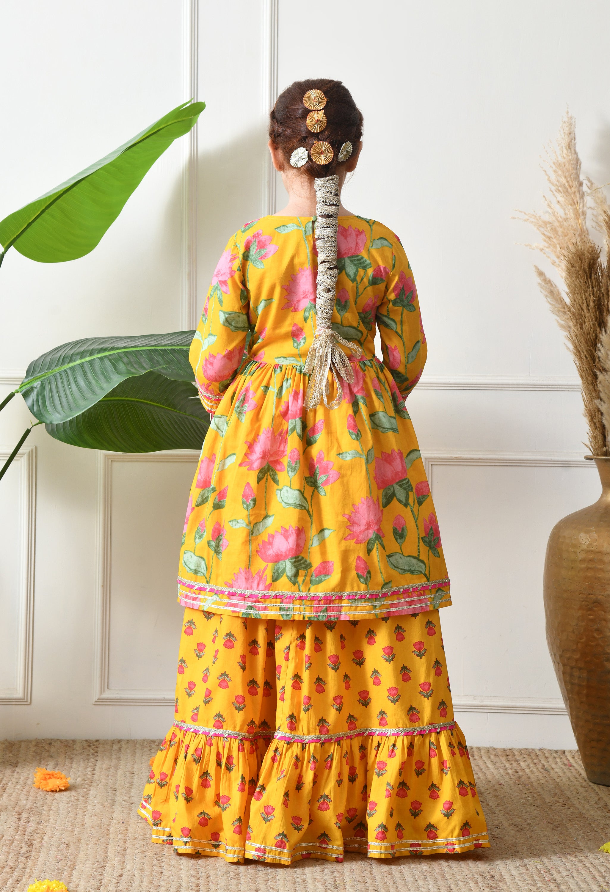 Girl's Yellow Floral Printed Kurta Skirt  Set with Dupatta Festive Ethnic Wear