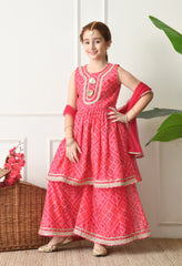 Girls Pink Bandhej printed Kurta with Sharara Set with Dupatta